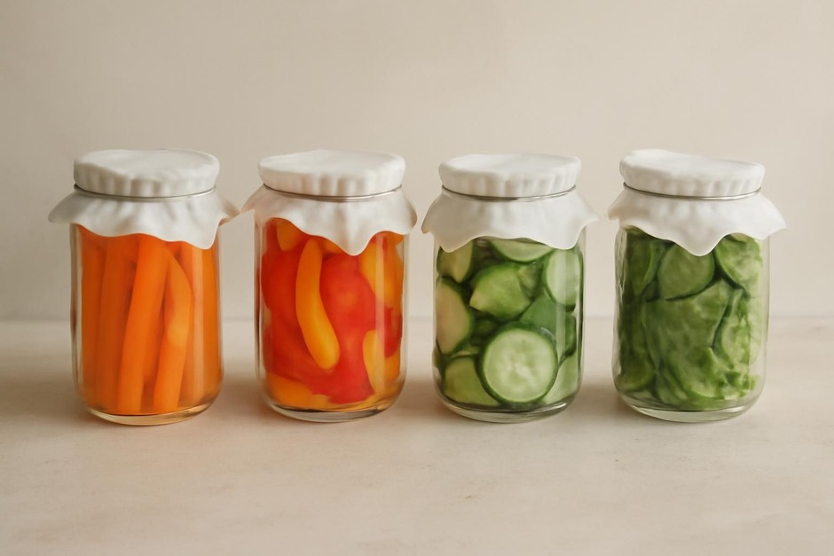 Crisp chopped vegetables stored in jars with paper towels