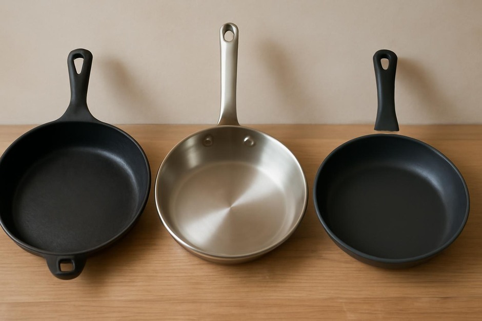 Three frying pans side by side: cast iron, stainless steel, and nonstick