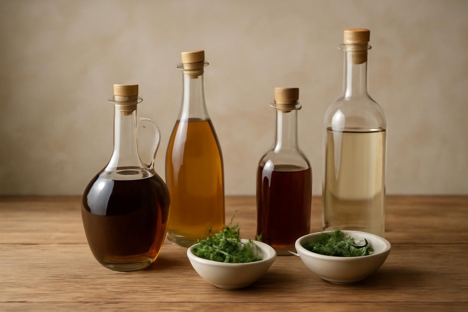 Assortment of vinegar bottles and small bowls with herbs